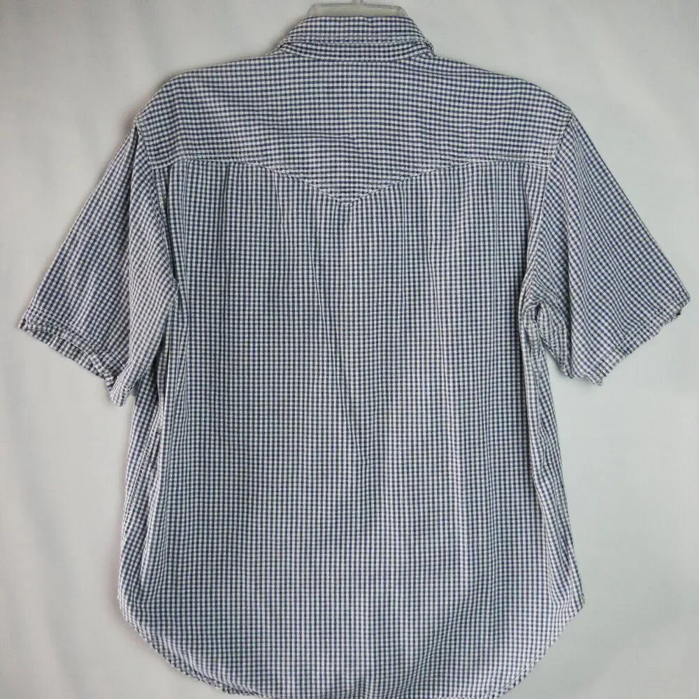 Banana Republic Men's Size L Pearl Snap Plaid Blue Short-Sleeve Button Down